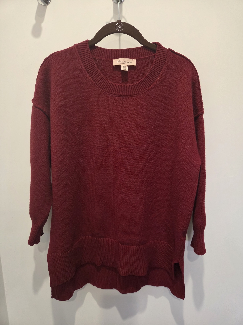 Philosophy Deep Burgundy Crewneck 3/4  Sleeve High Low Sweater. L/XL
